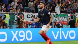 Olivier Giroud celebrates after scoring his 52nd goal for France in Sunday's World Cup win over Poland