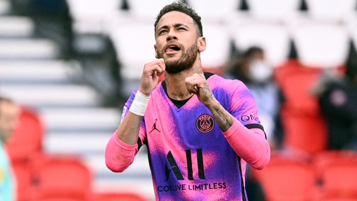Neymar celebrates scoring for PSG against Lens