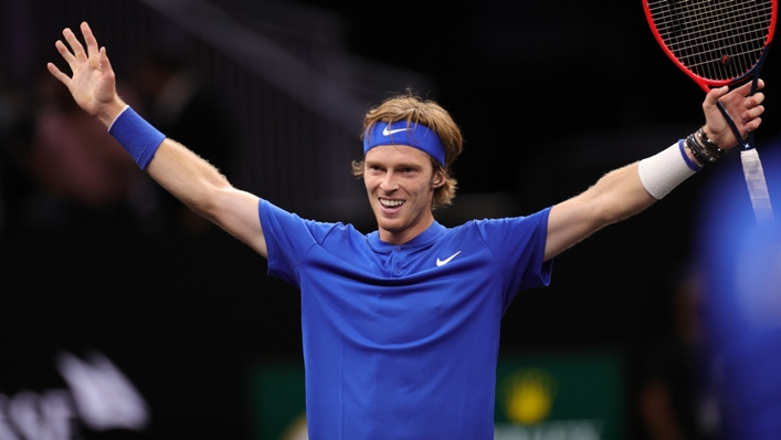 Russian star Andrey Rublev celebrates his win at the Laver Cup