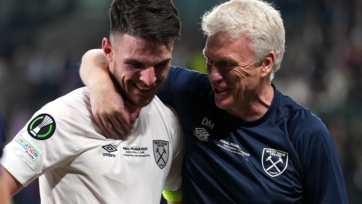 Former West Ham striker Tony Cottee believes the club have some big decisions to make over captain Declan Rice (left) and manager David Moyes (Joe Giddens/PA)