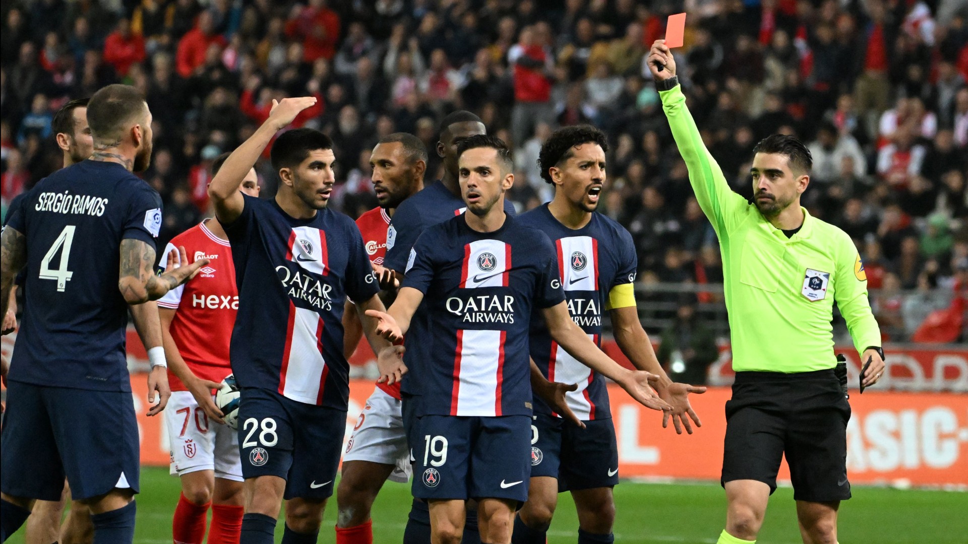 Sergio Ramos is sent off after confronting referee Pierre Gaillouste at Reims
