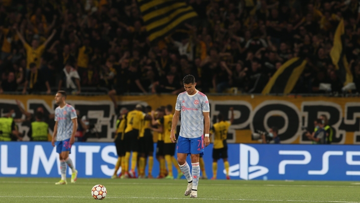 Cristiano Ronaldo reacts after Young Boys' equaliser against Manchester United