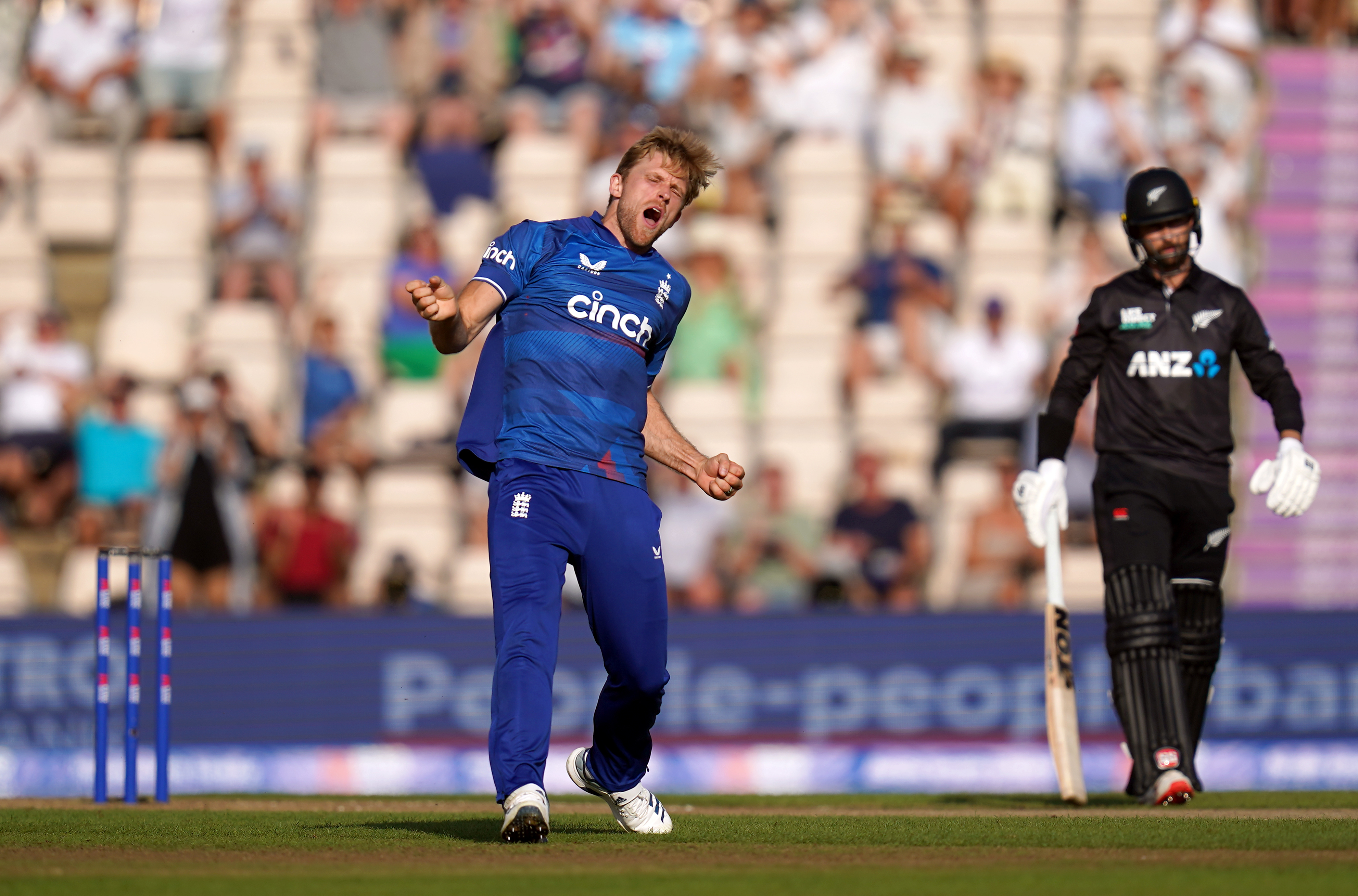 David Willey celebrates dismissing New Zealand's Finn Allen in Southampton.