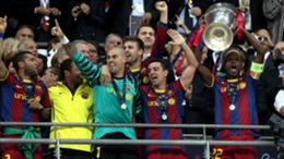 Barcelona players celebrate their Champions League triumph after beating Manchester United in the Wembley final on this day in 2011 (Nick Potts/PA)
