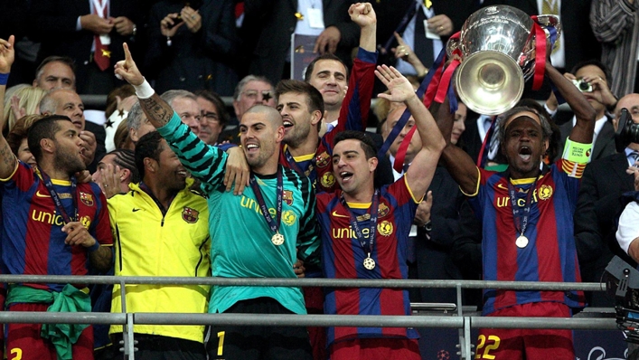 Barcelona players celebrate their Champions League triumph after beating Manchester United in the Wembley final on this day in 2011 (Nick Potts/PA)