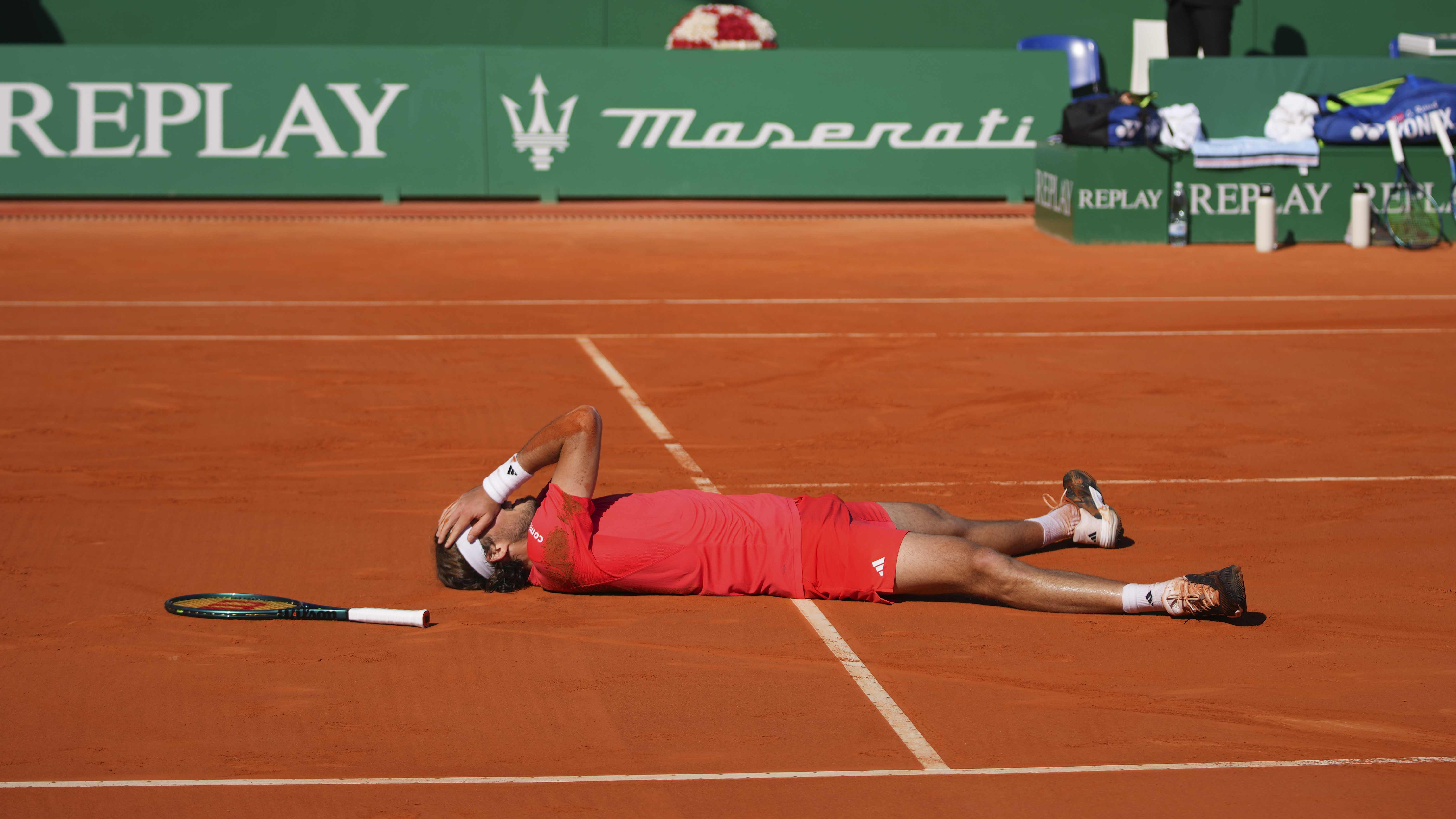 Stefanos Tsitsipas reacts after winning the second set