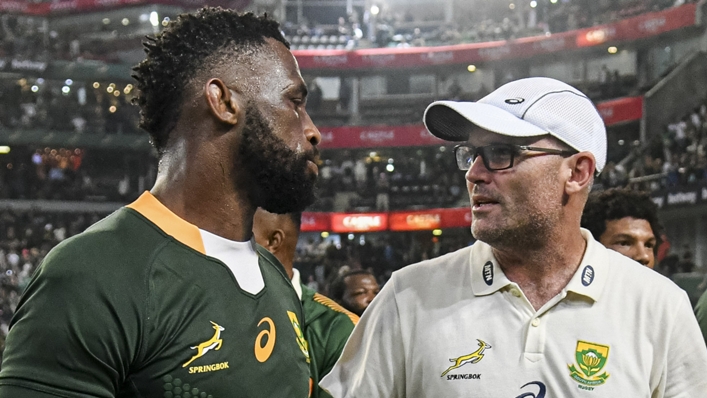 Jacques Nienaber (R) and Siya Kolisi leave the field after South Africa's win over Argentina