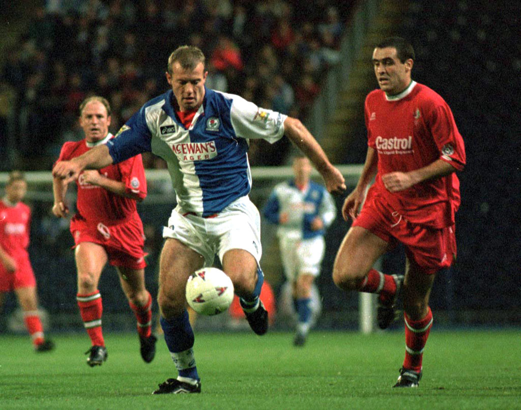 Alan Shearer lashed home a superb first Premier League goal for Blackburn