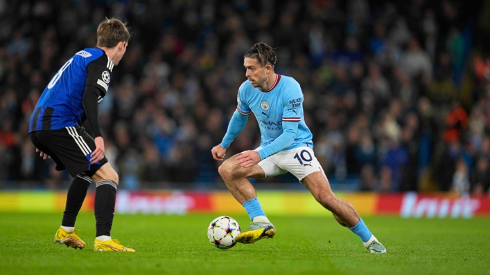 Jack Grealish playing for Man City against Copenhagen in the Champions League