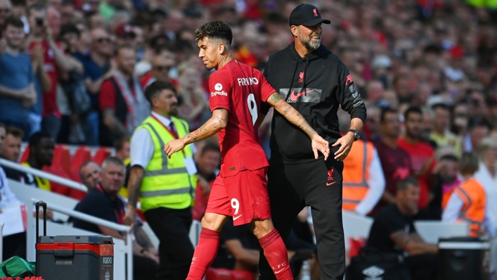 Jurgen Klopp congratulates Roberto Firmino during Liverpool's 9-0 win over Bournemouth