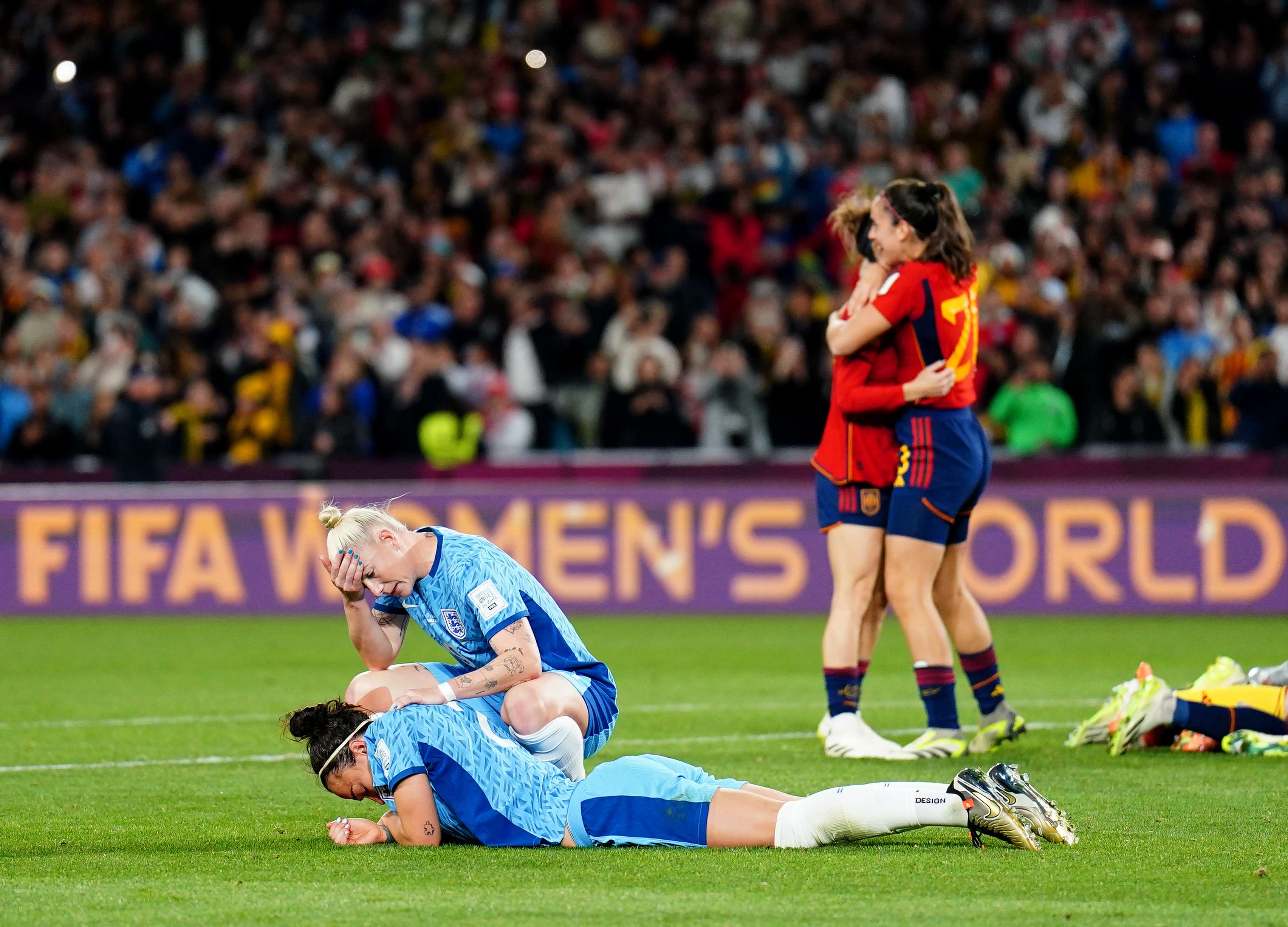 England’s Lucy Bronze and Bethany England after losing the World Cup final to Spain on August 20