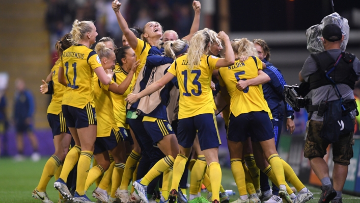 Sweden celebrate Linda Sembrant's winner against Belgium