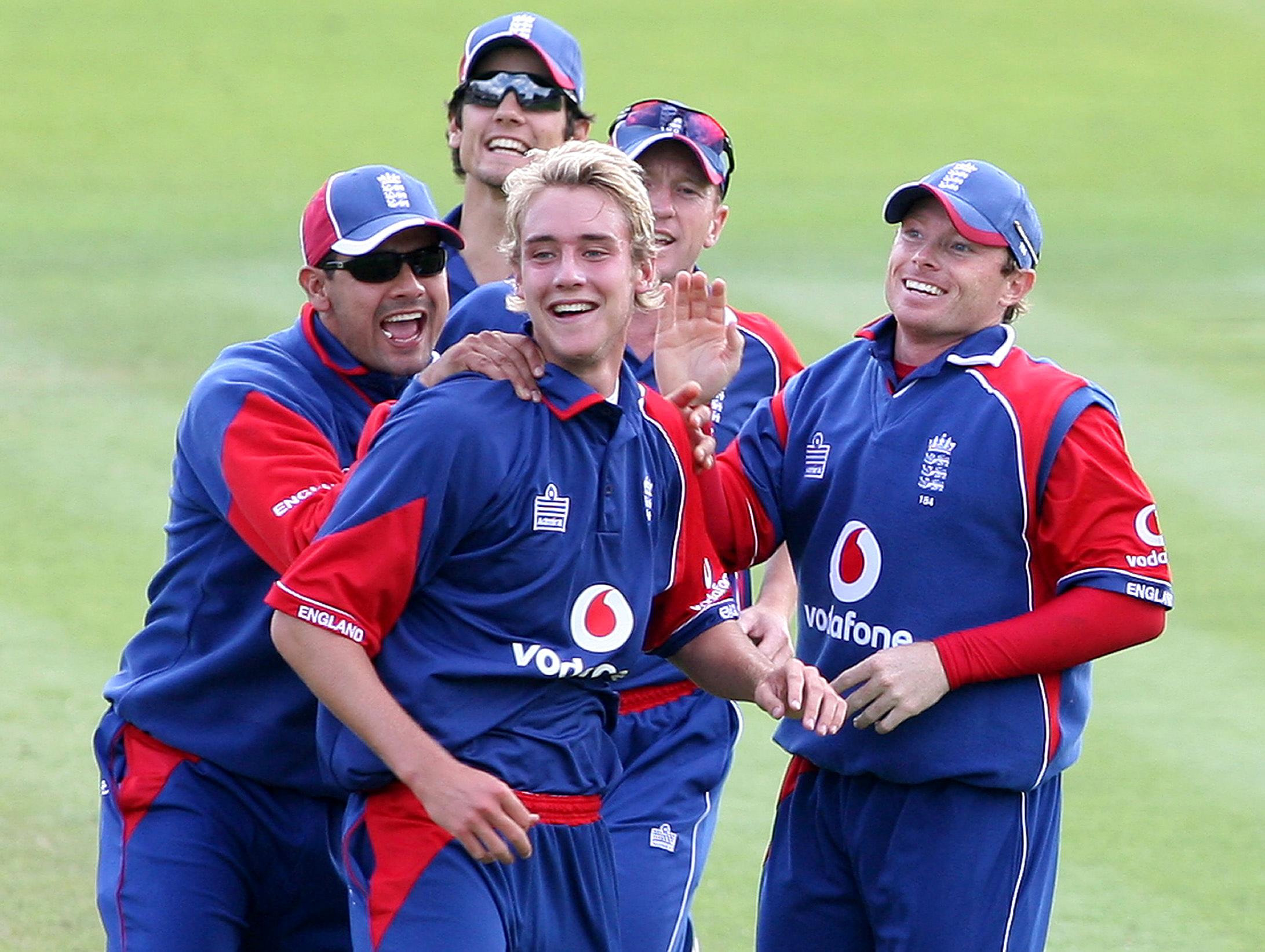 Broad, centre, and his England team-mates celebrate taking the wicket of West Indies’ batter Devon Smith during a One Day International at Lord’s in July 2007