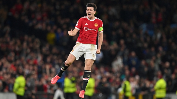 Harry Maguire celebrates after equalising for Manchester United against Atalanta