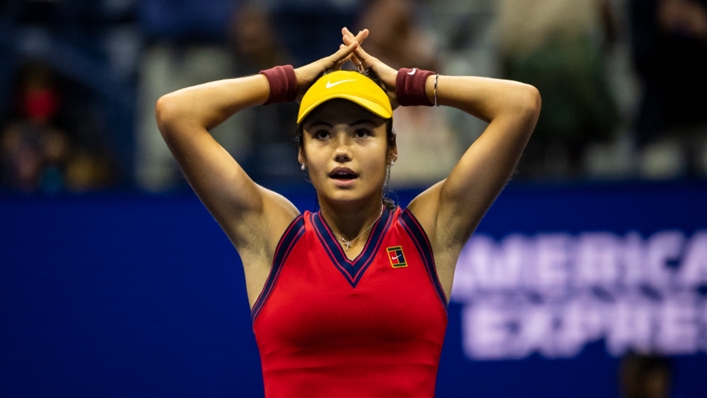 Emma Raducanu celebrates her victory over Maria Sakkari of Greece in the US Open semi-final