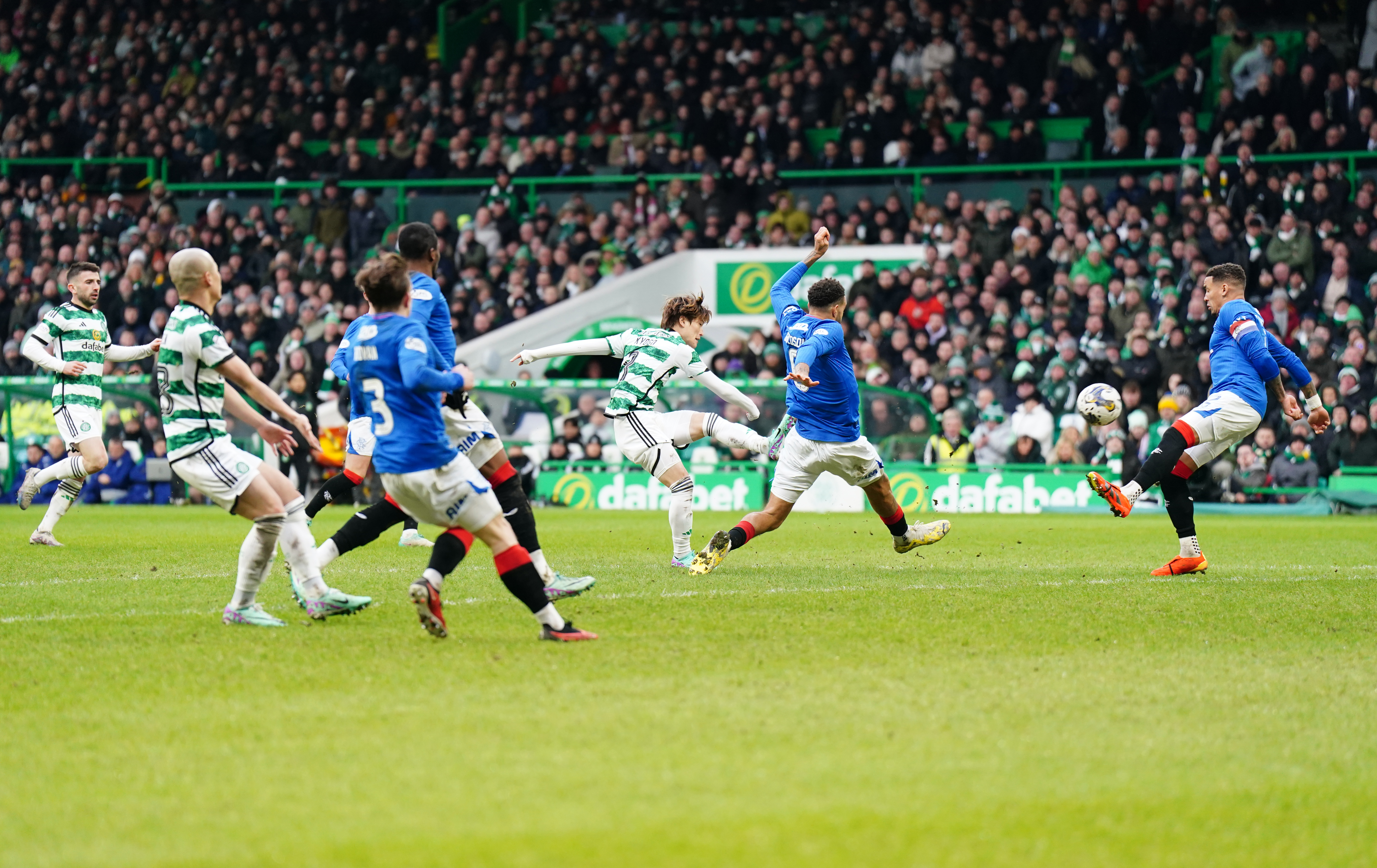 Kyogo Furuhashi, centre, scores Celtic’s second goal