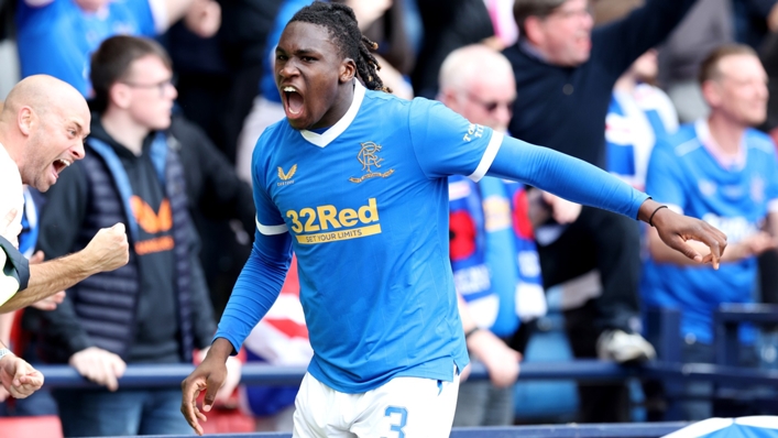 Calvin Bassey celebrates Rangers' extra-time winner against Celtic