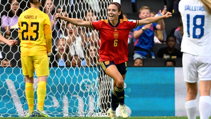 Aitana Bonmati celebrates her goal against Finland