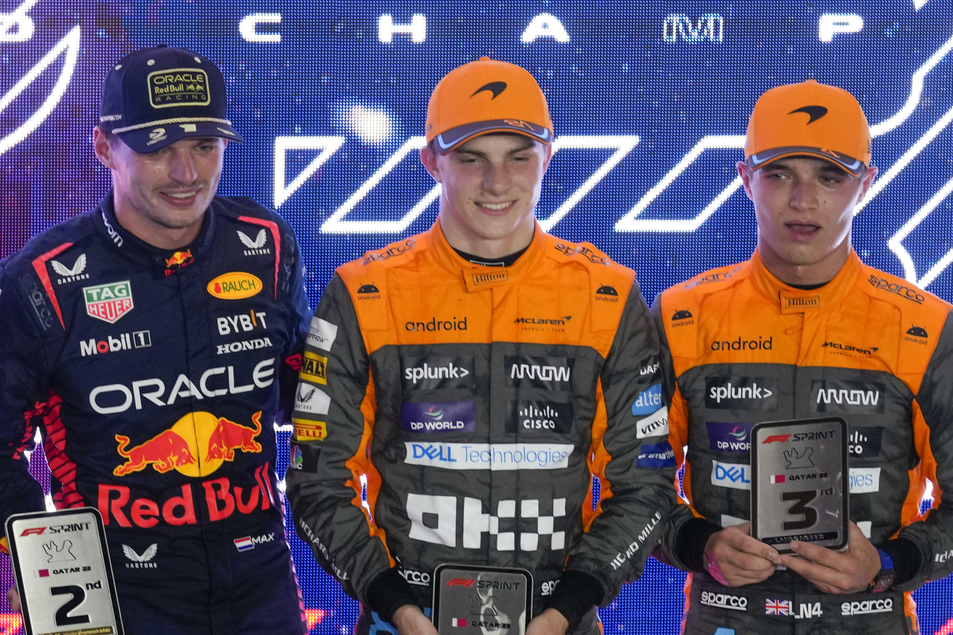 Max Verstappen (left) alongside Oscar Piastri who won on Saturday