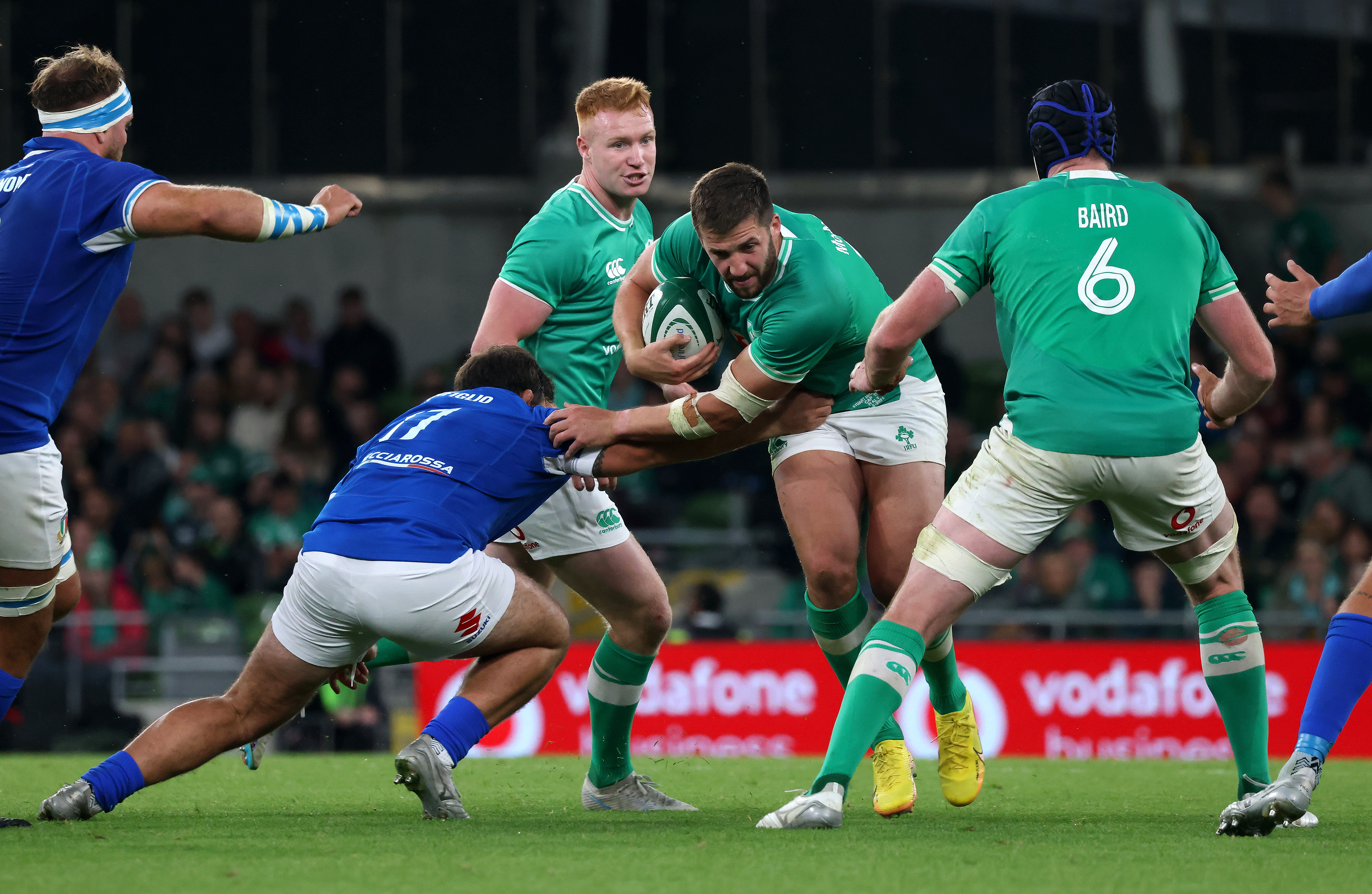 Stuart McCloskey, with ball, is back in France following a trip home for the birth of his second child