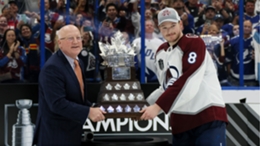 Cale Makar being presented with the Conn Smythe Trophy for most valuable player of the postseason