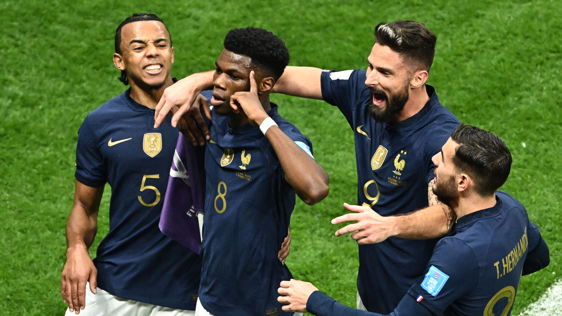 Aurelien Tchouameni celebrates his goal for France against England