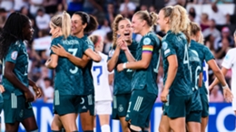 Germany players celebrate Alexandra Popp's goal against Finland
