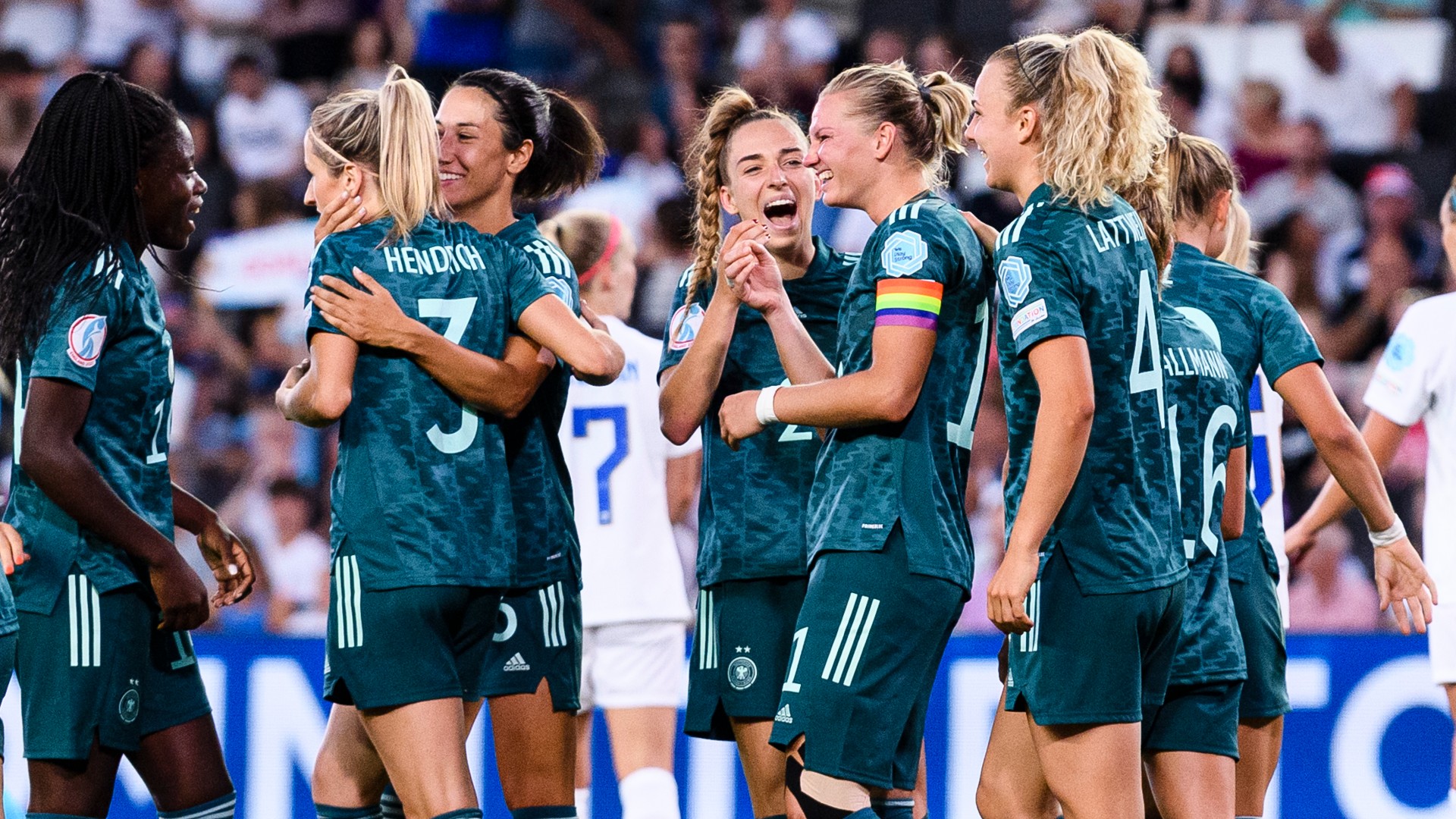 Germany players celebrate Alexandra Popp's goal against Finland