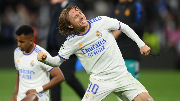 Luka Modric celebrates Real Madrid's progression to the UCL semi-finals