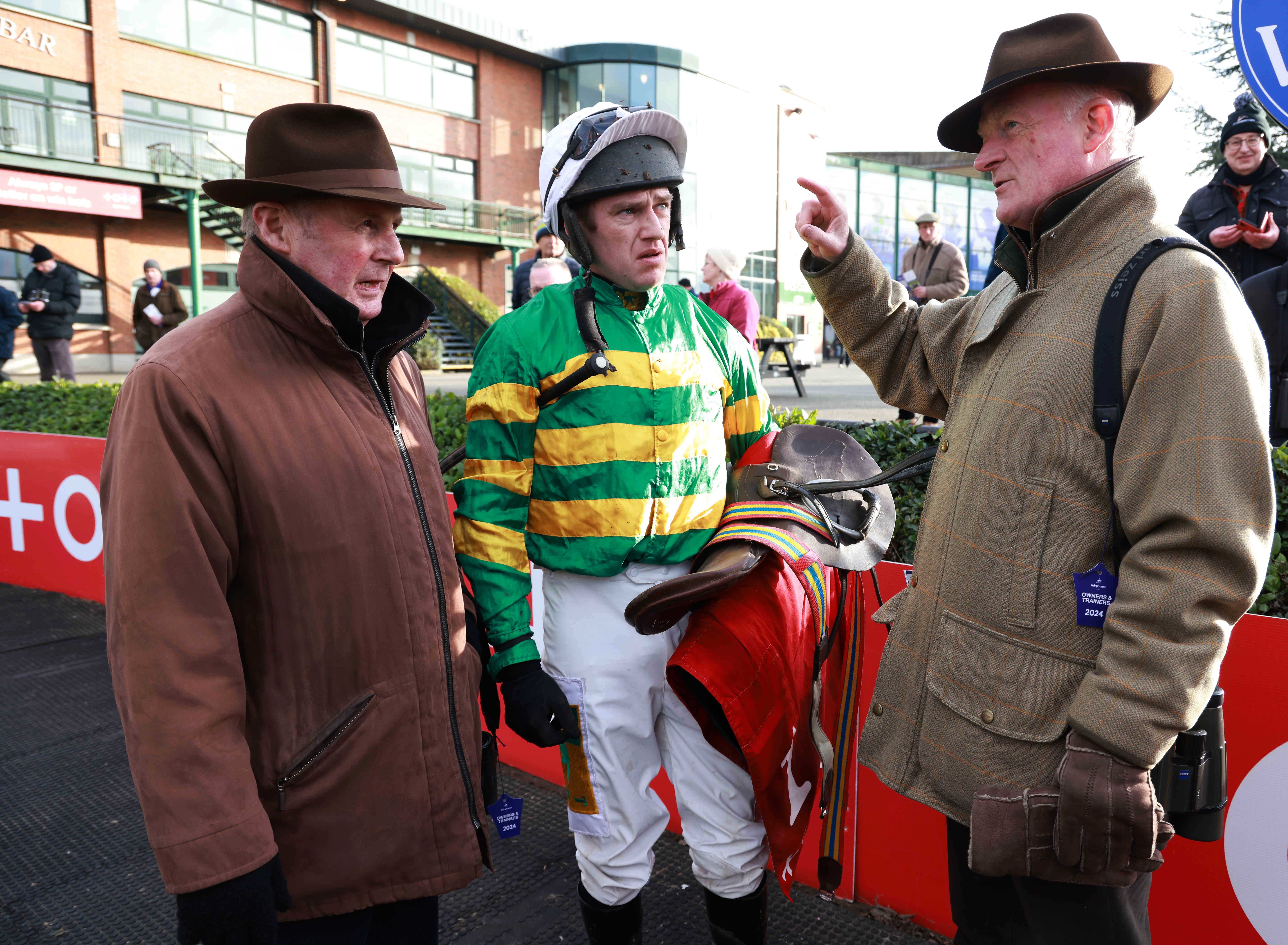 Frank Berry, racing manager to owner JP McManus, hears from Jody McGravey, and trainer Willie Mullins