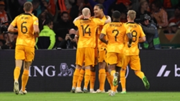 Netherlands players celebrate Virgil van Dijk's goal against Belgium