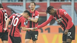 Brahim Diaz (l) and Rafael Leao celebrate Milan's breakthrough goal