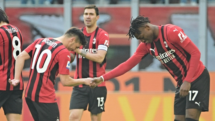 Brahim Diaz (l) and Rafael Leao celebrate Milan's breakthrough goal