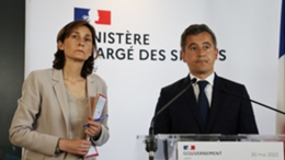 French interior minister Gerald Darmanin (R) and sports minister Amelie Oudea-Castera (L) spoke in Paris