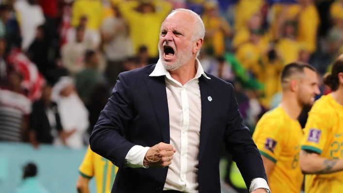 Graham Arnold celebrates Australia's World Cup win against Denmark