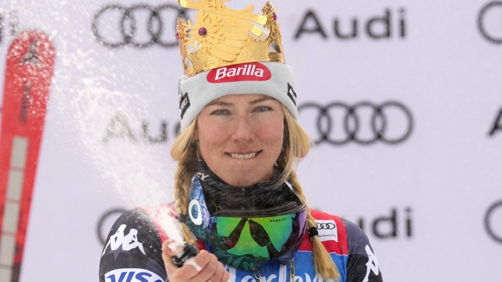 Mikaela Shiffrin celebrates her record-breaking win