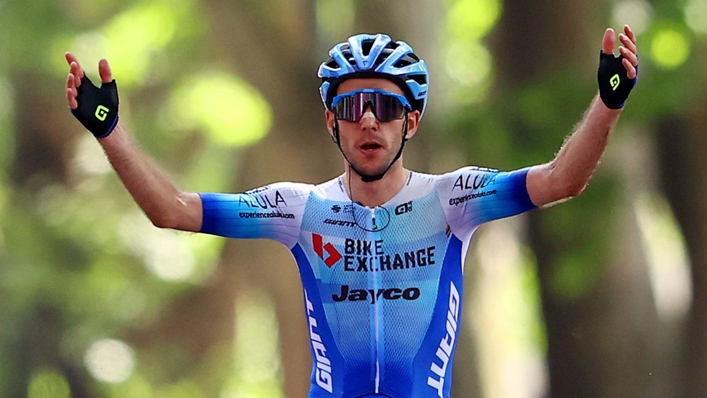 Simon Yates celebrates his win in Turin