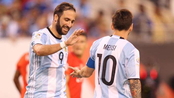 Gonzalo Higuain and Lionel Messi in action for Argentina