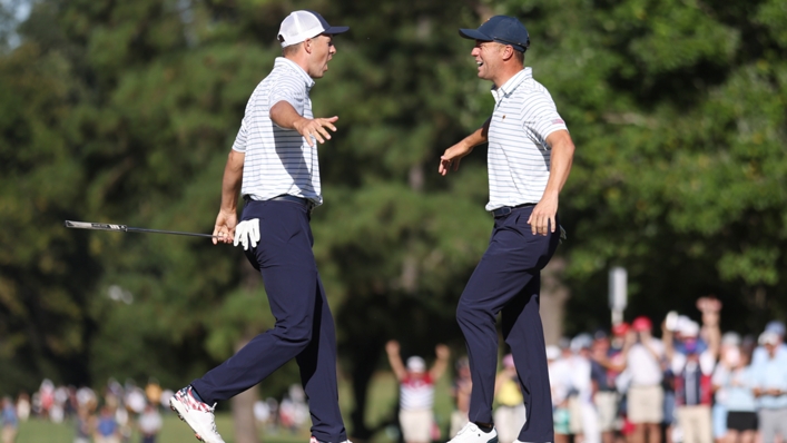 Jordan Spieth and Justin Thomas celebrate their 2 and 1 win over Australians Cam Davis and Adam Scott