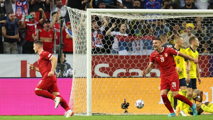 Luka Jovic (L) and Sergej Milinkovic-Savic (R) celebrate Serbia's goal against Sweden