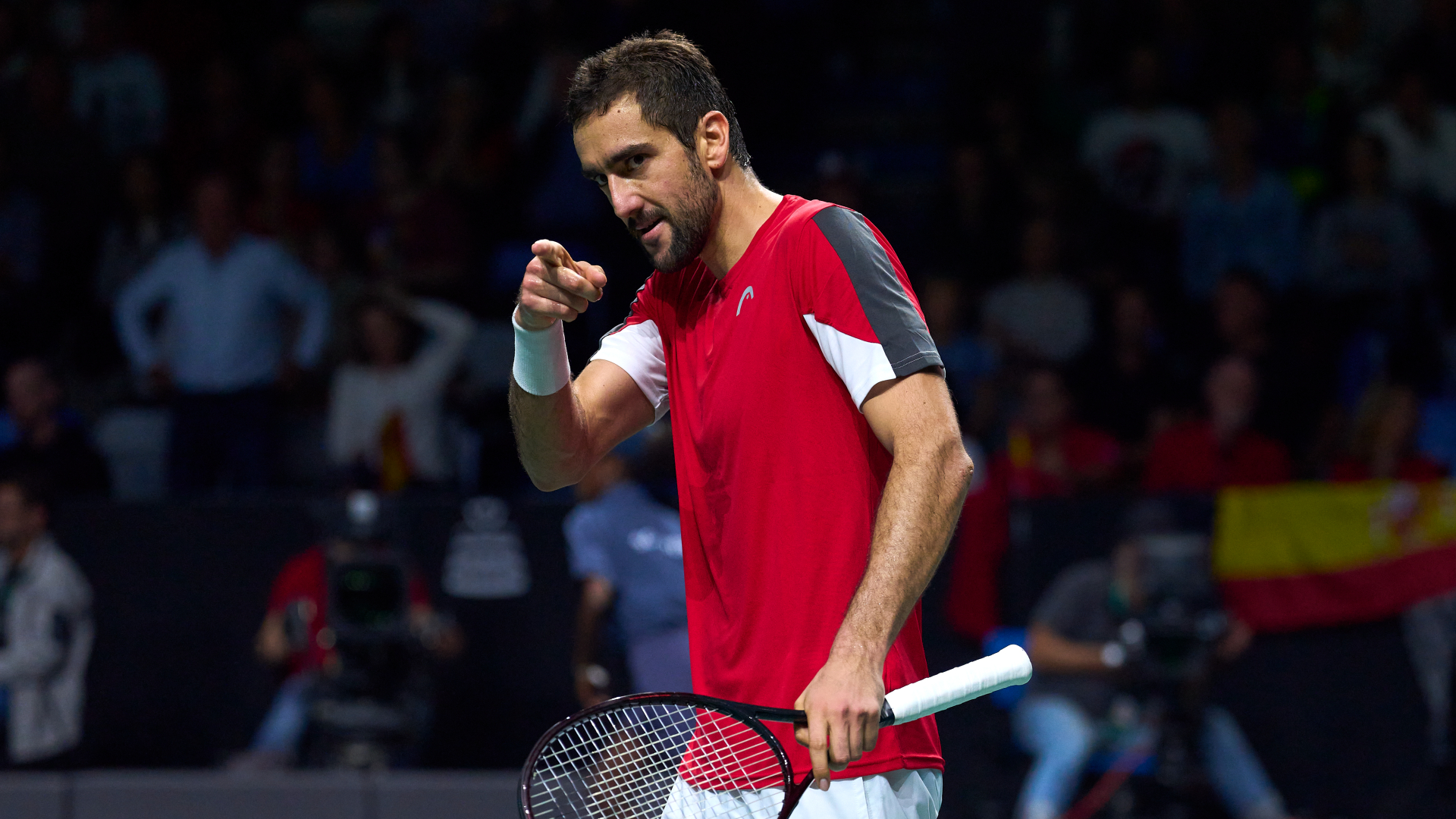 Marin Cilic celebrates his win against Pablo Carreno Busta in the Davis Cup