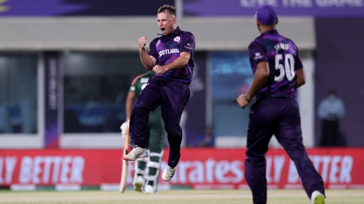 Chris Greaves celebrates a wicket in Scotland's win over Bangladesh