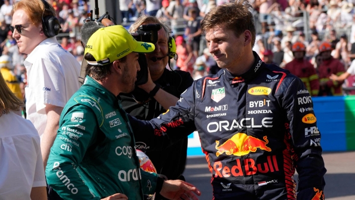 Fernando Alonso (left) spoke with Max Verstappen at the end of qualifying (Luca Bruno/AP)
