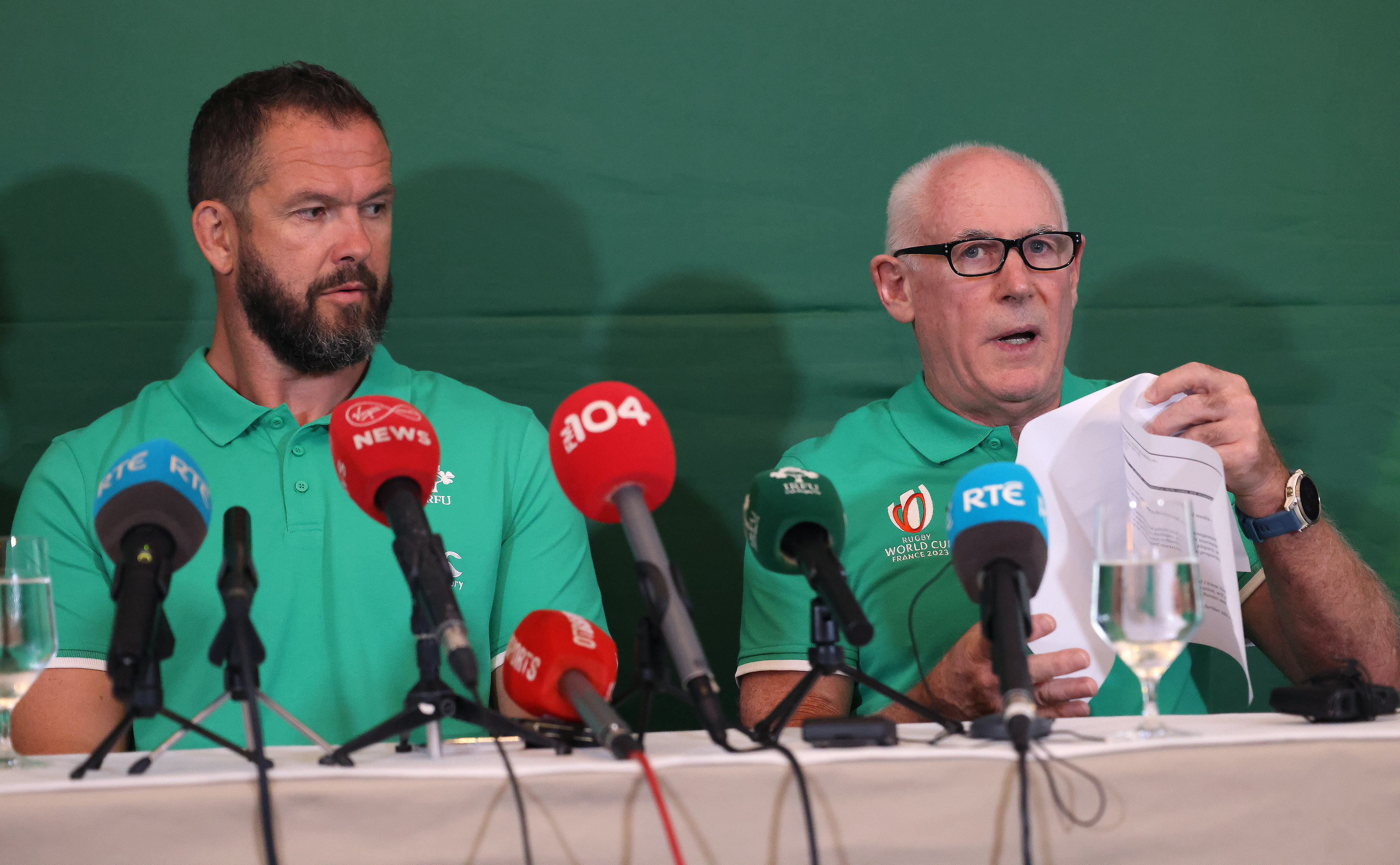 Cian Healy was injured a day before team manager Mick Kearney, right, and head coach Andy Farrell, left, announced Ireland's World Cup squad