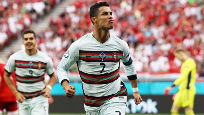 Cristiano Ronaldo celebrates his record-breaking goal for Portugal against Hungary