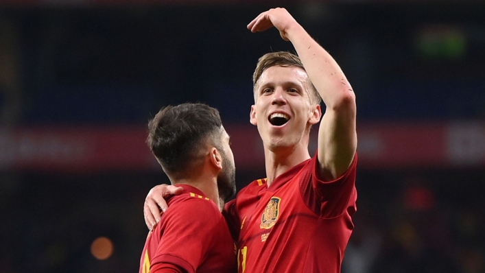 Dani Olmo (right) celebrates his winner with Jordi Alba