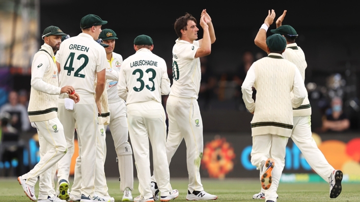 Pat Cummins took four wickets on day two as England crumbled with the bat