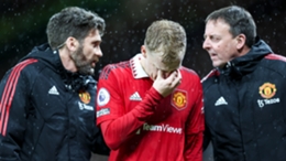 Donny van de Beek reacts to his injury against Bournemouth