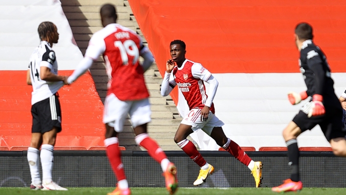 Eddie Nketiah celebrates a late equaliser for Arsenal against Fulham
