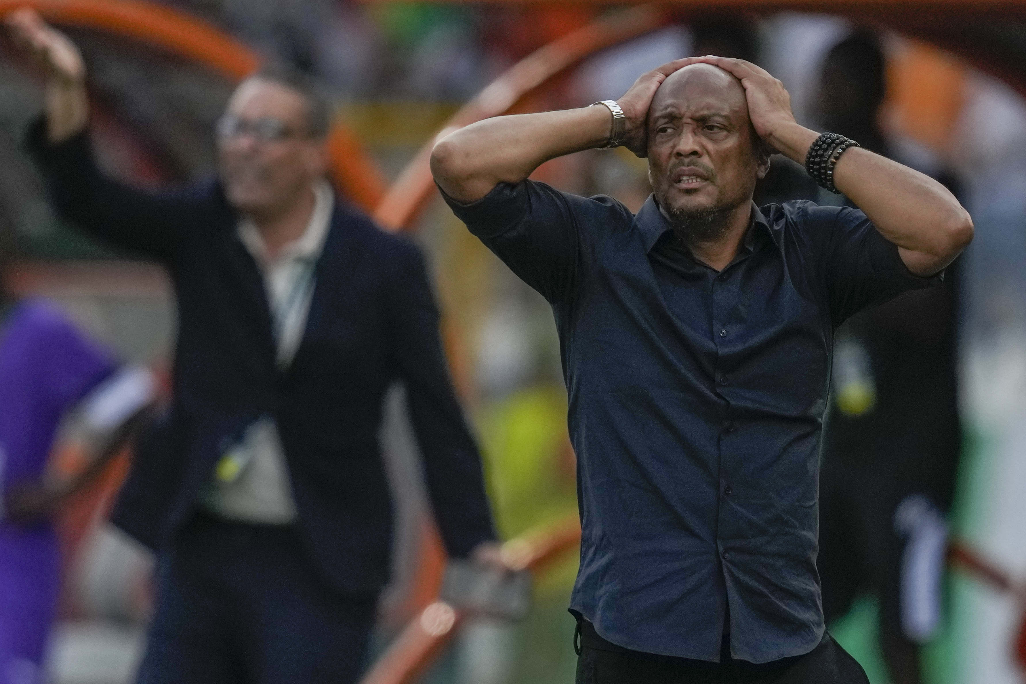 Mauritania head coach Amir Abdou shows his frustration during Saturday's defeat to Angola